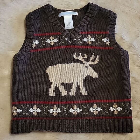 JANIE AND JACK BROWN WOOL BLEND SWEATER VEST WITH MOOSE. SIZE 12-18 MONTHS - Picture 1 of 5
